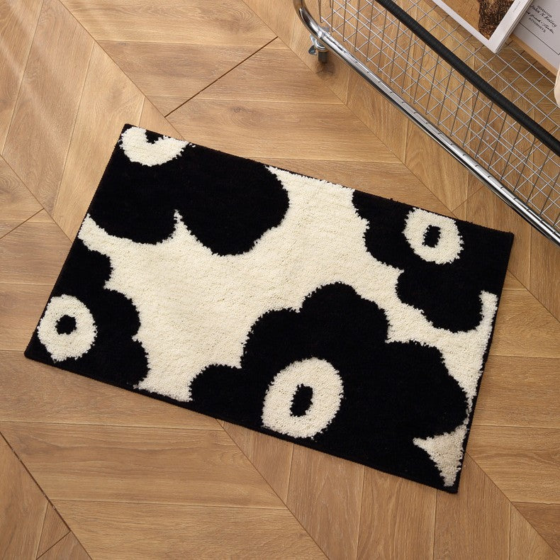 Black & Cream Floral Pattern Polyester Floor Mat