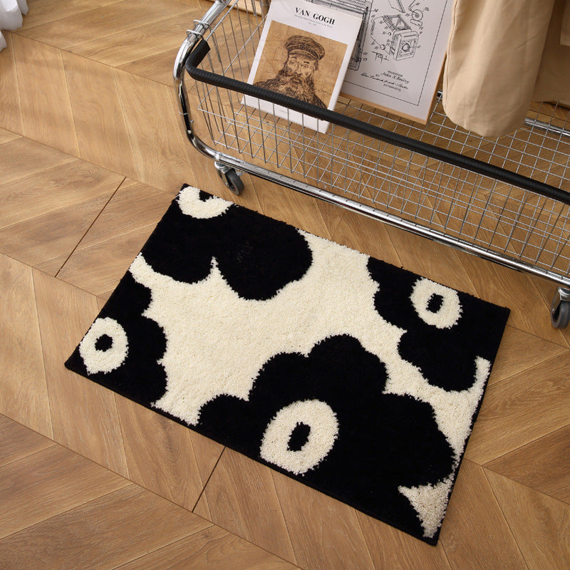 Black & Cream Floral Pattern Polyester Floor Mat