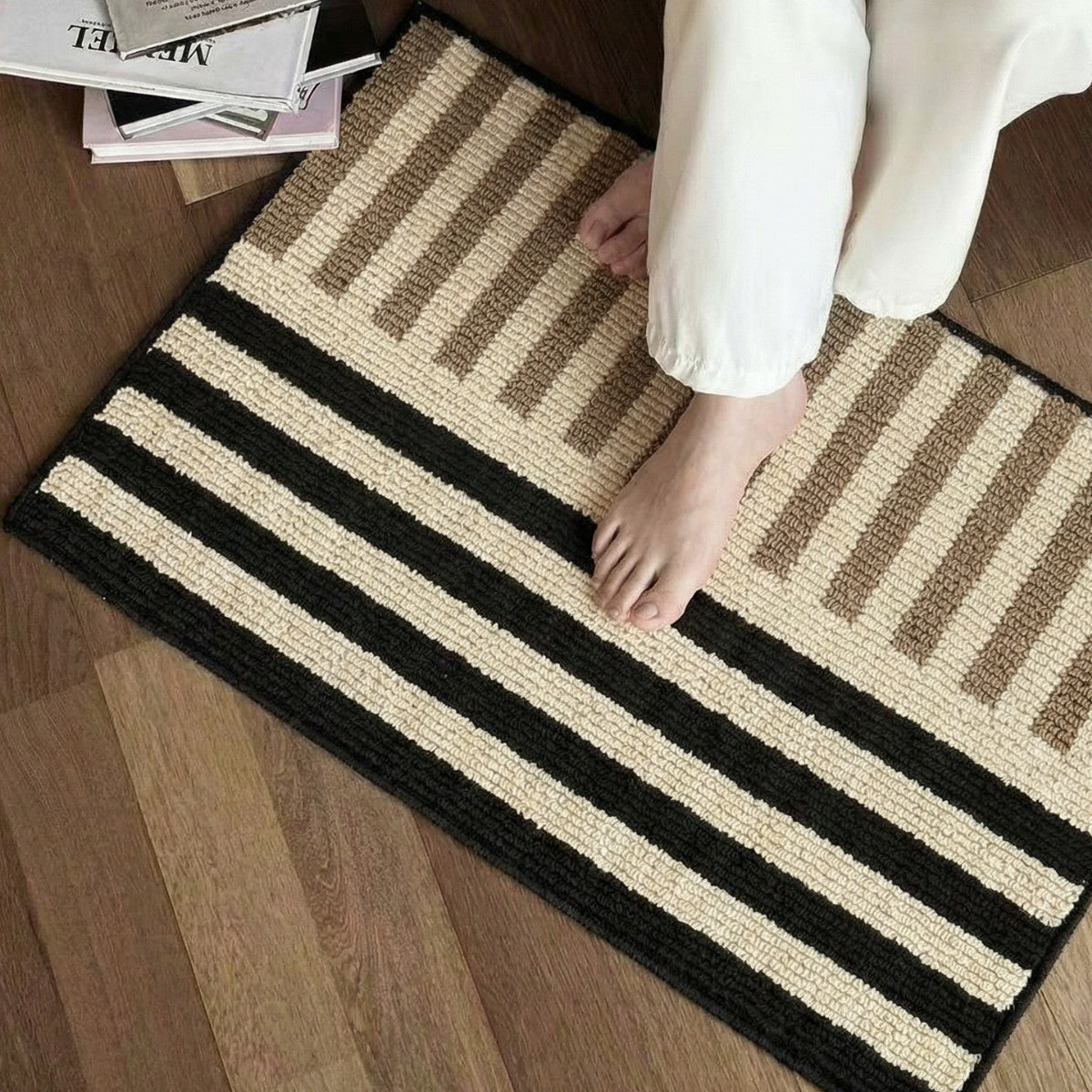 Two-Tone Striped Polyester Rectangular Floor Mat