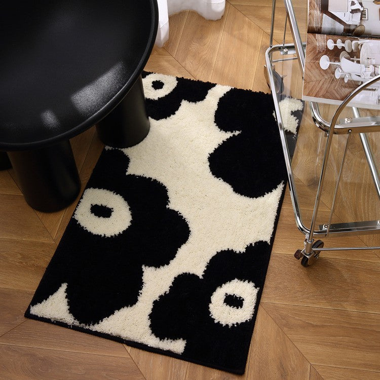 Black & Cream Floral Pattern Polyester Floor Mat