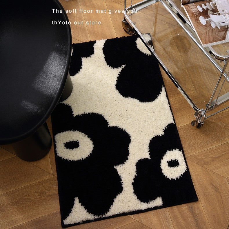 Black & Cream Floral Pattern Polyester Floor Mat