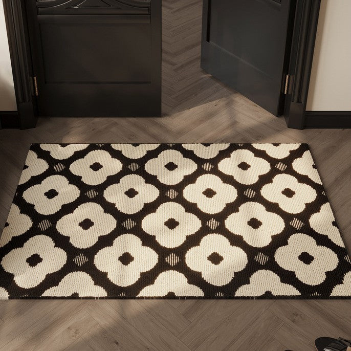 Black & Cream Floral Pattern Indoor Floor Mat