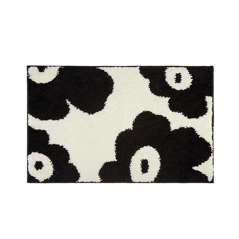 Black & Cream Floral Pattern Polyester Floor Mat